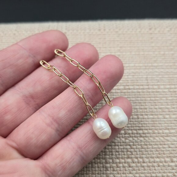 Gold Plated Genuine White Pearl Chain Earrings A6777 - Picture 2 of 5